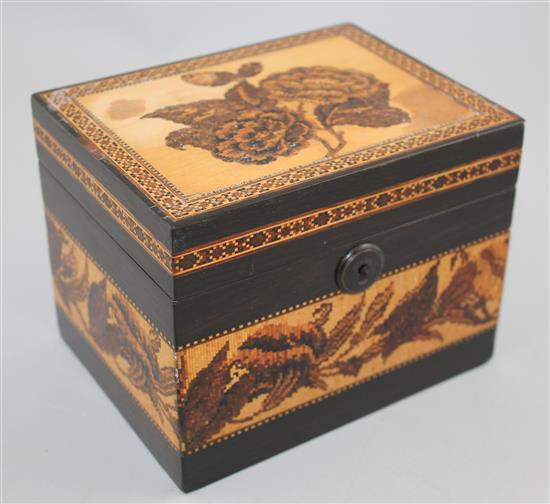 A Tunbridge ware coromandel flower bouquet tea caddy, 8.5in.